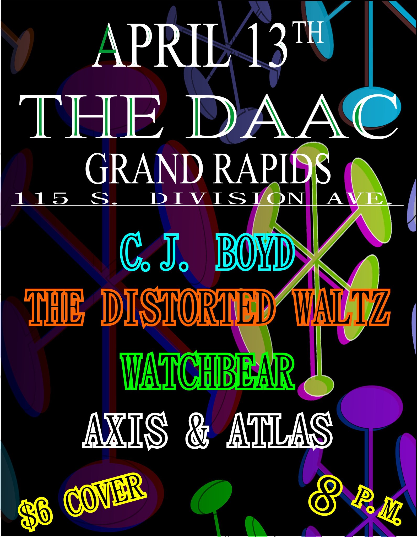 April 13th at the DAAC: C.J. Boyd, The Distorted Waltz, Watchbear, Axis & Atlas