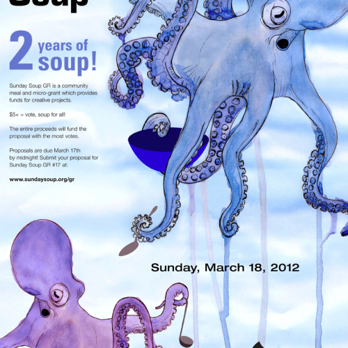 Blue and purple octopi holding spoons, bowls, and ladles. 