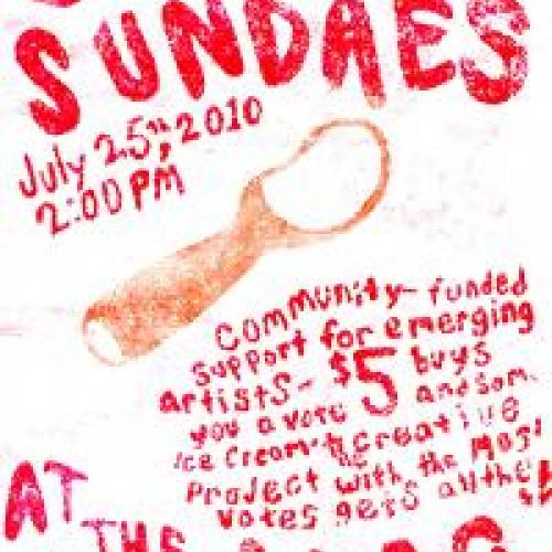 A drawing of an ice cream scoop with the text "Sunday Sundaes" in red bubble letters