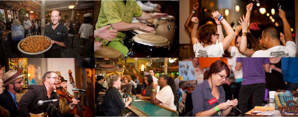 A photo collage of party-goers, drums, and revelry