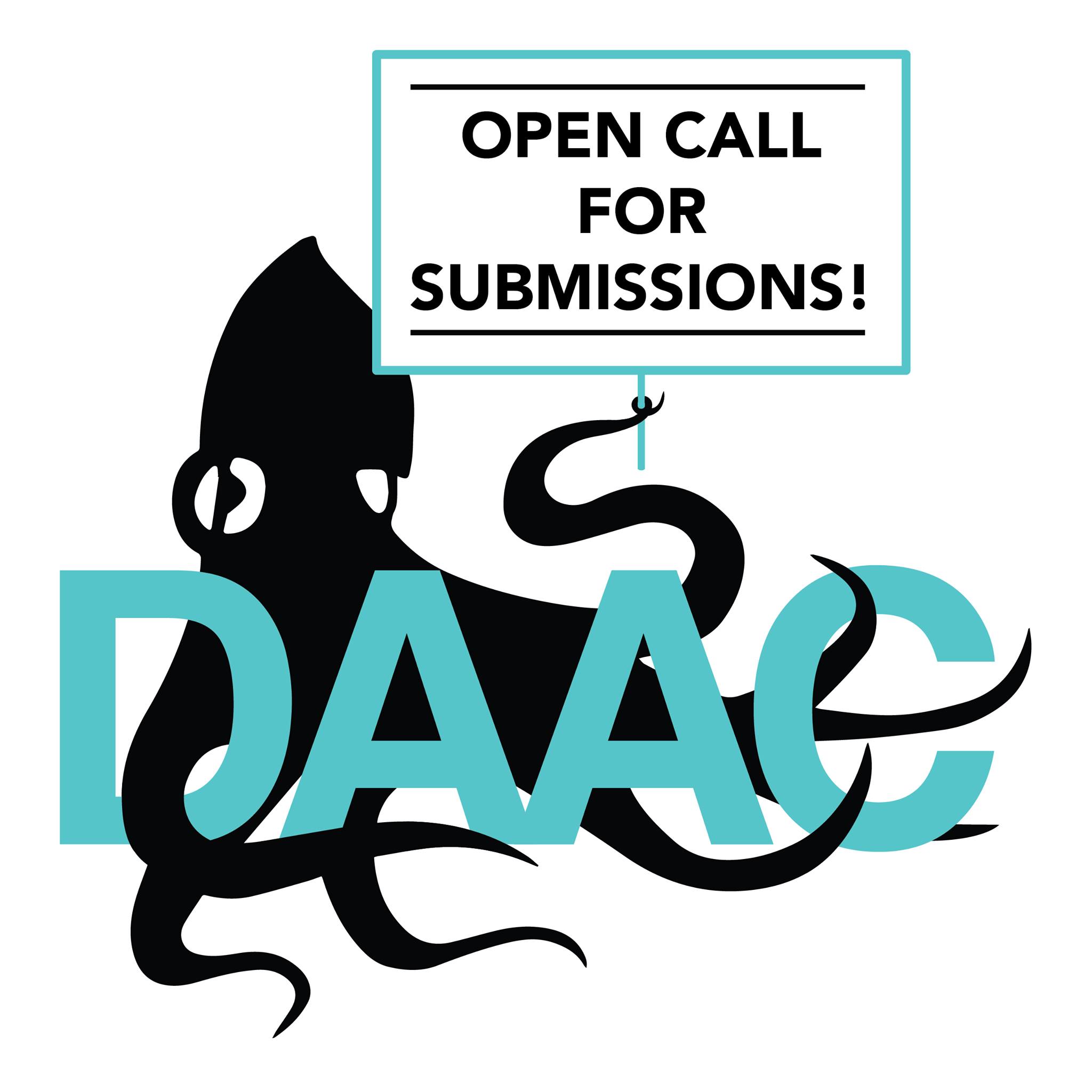 DAACtopus hiding in the DAAC letters holding a sign that says Open Call for Submissions