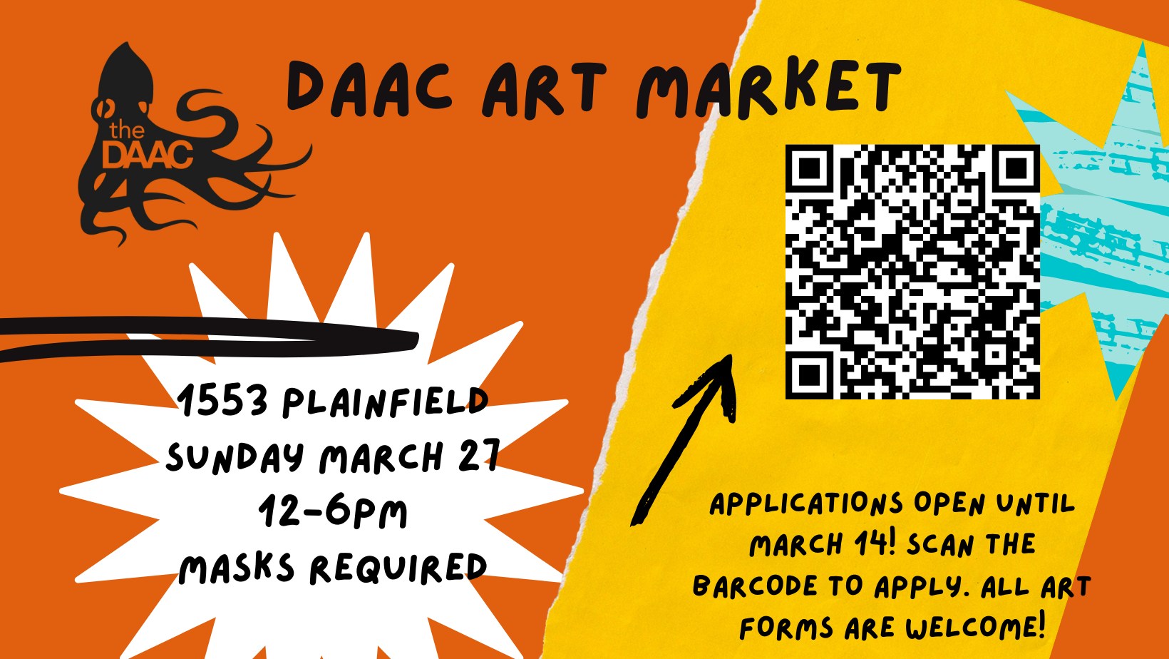 DAAC Art Market info plus QR code to the artist application form
