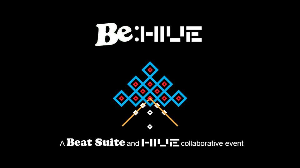 Be:HIVE A Beat Suite and Hive Collaboration - black background with solid geometric line drawing representing a behive