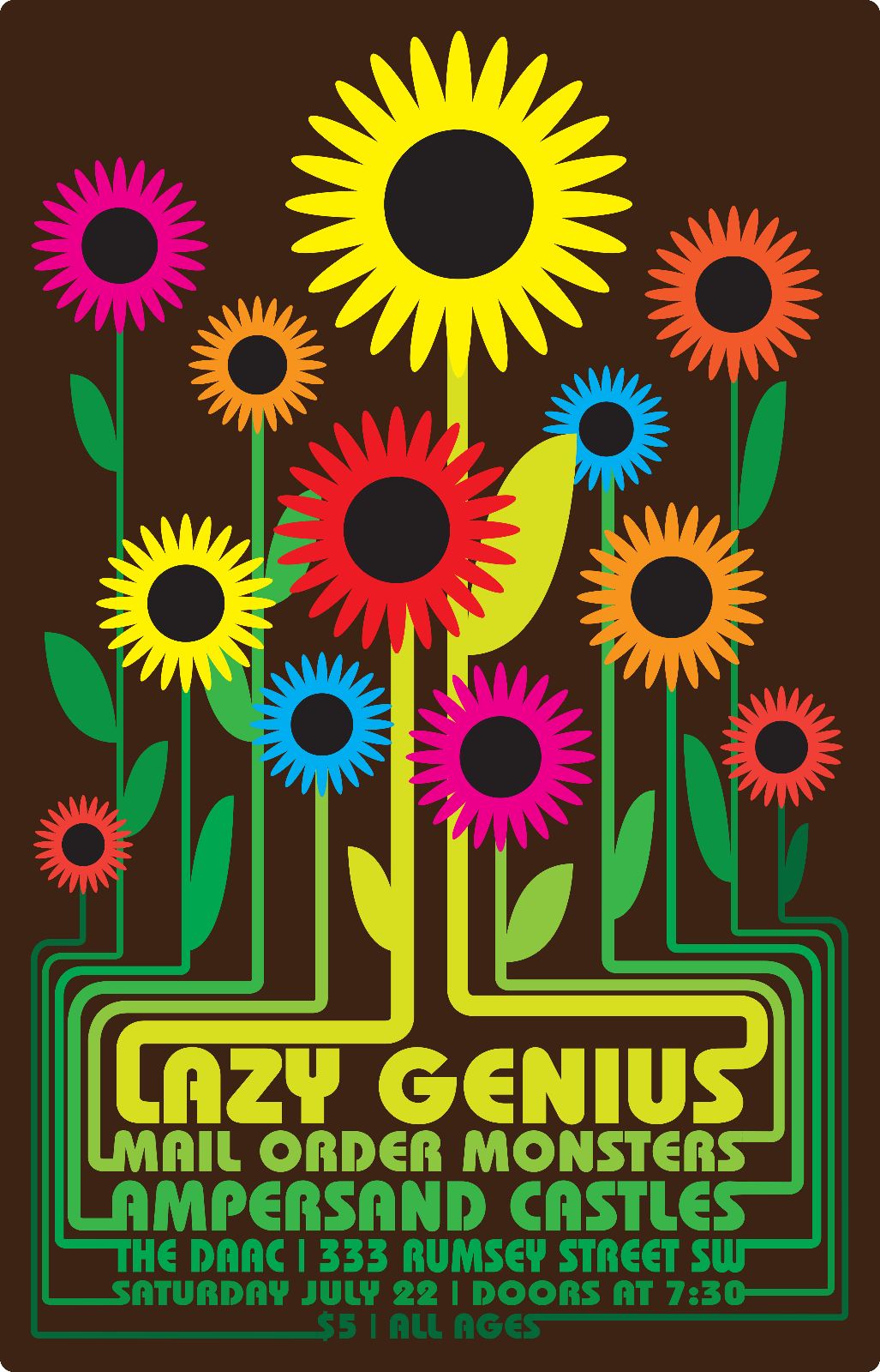 Lazy Genius//Ampersand Castles-Bay City//Mail Order Monsters THE DAAC 333 Rumsey St SW Saturday July 22 Doors at 7:30PM $5 All Ages - Multicolor line shapes of flowers on a brown background. Text is underneath the flowers, as if underground.