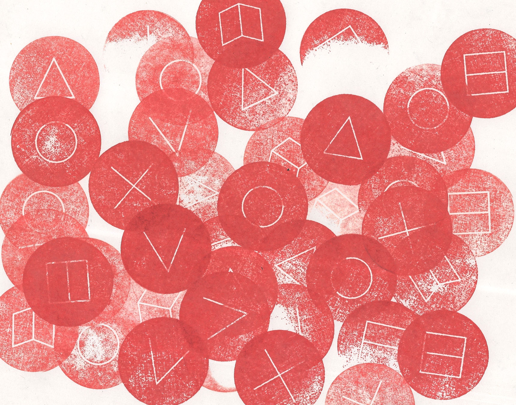 Soft red ink stamps of overlapping circles with geometric shapes inside