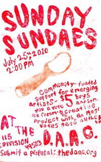 A drawing of an ice cream scoop with the text "Sunday Sundaes" in red bubble letters