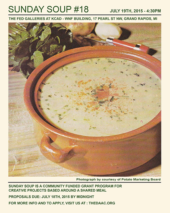 Retro photograph of a large ceramic pot of creamy soup