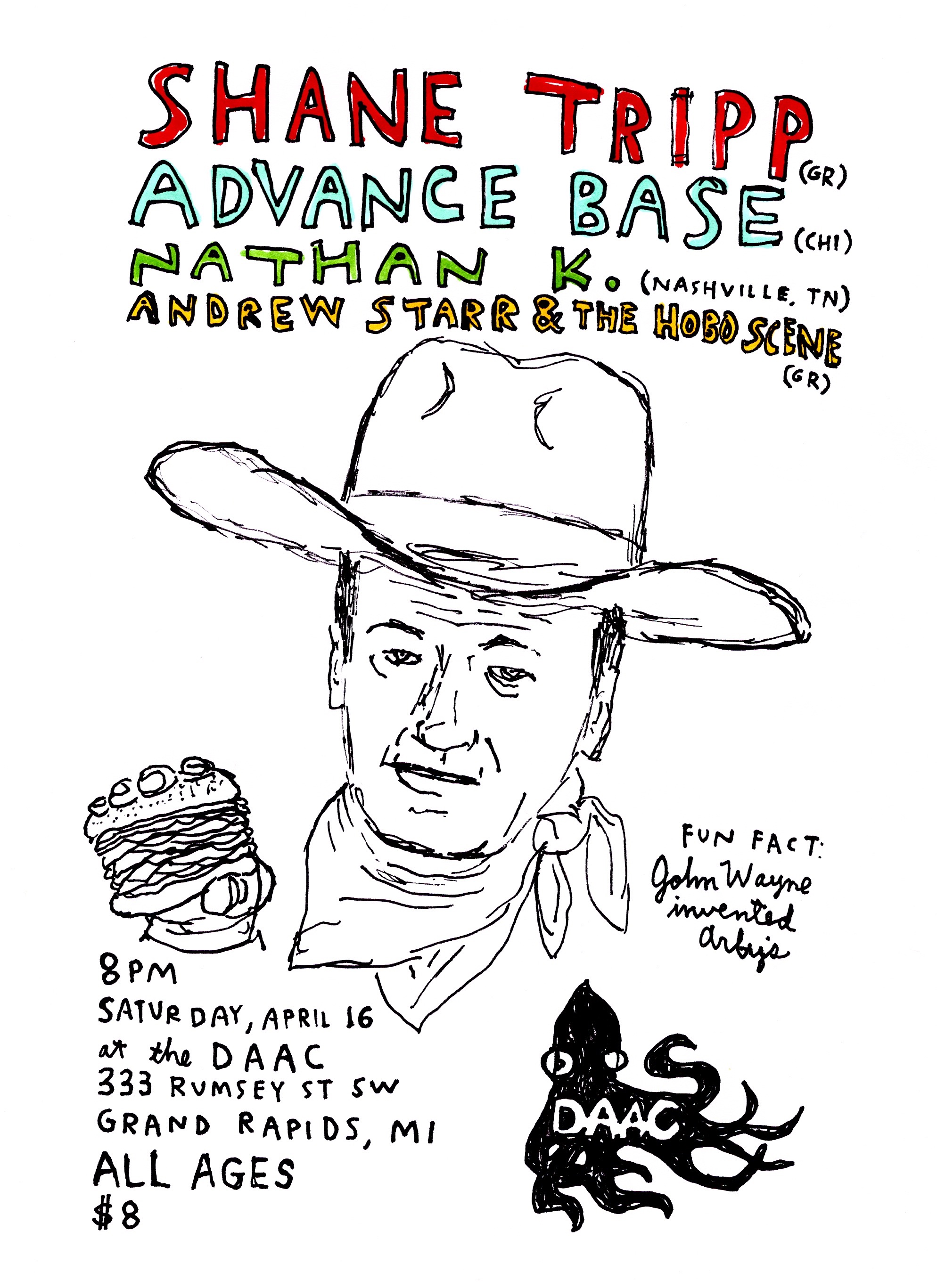 Black pen and ink portrait of John Wayne wearing his classic cowboy hat and bandana, holding up a cheeseburger in one hand