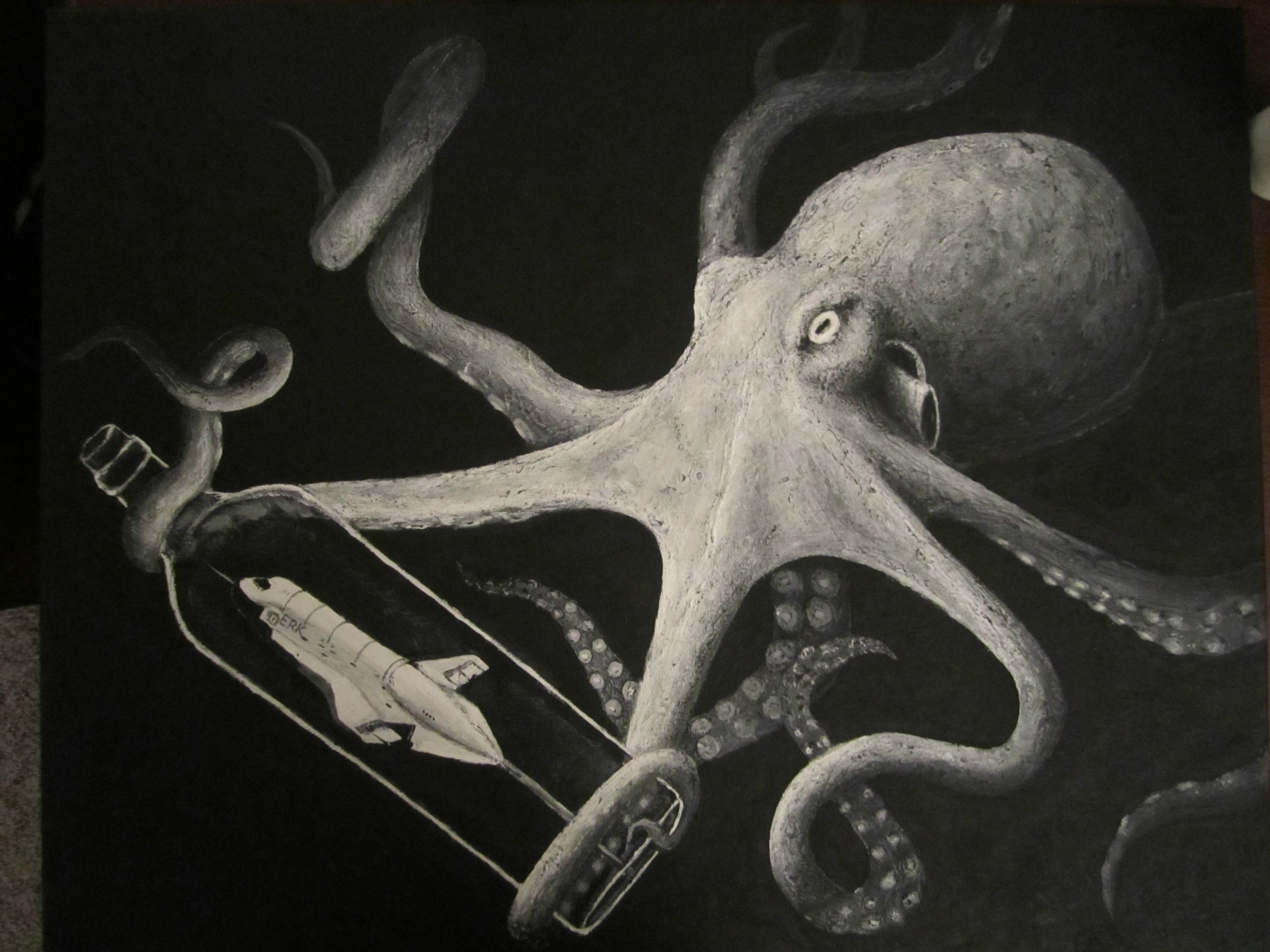 An octopus suspended in a black void, holding a glass bottle with a space ship in it.
