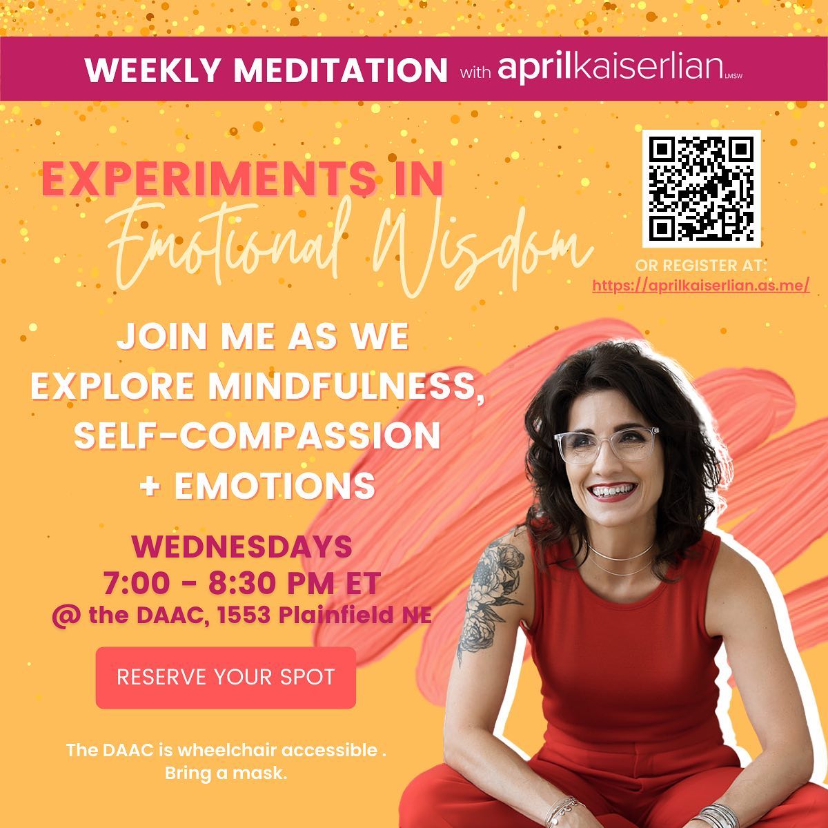 April sits in a relaxed pose in an image with details about the weekly meditation