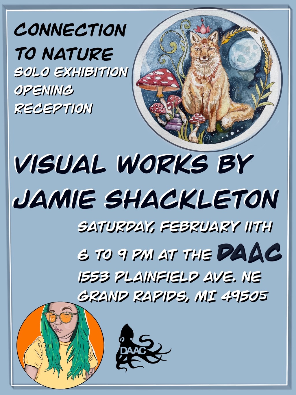 Jamie Shackleton opening reception flyer: a portrait of the artist in bright colors on a blue background. A digital illustration of a wolf.