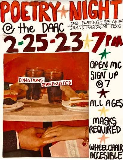 Two people holding hands under a table - Poetry Night @ The DAAC 2-25-23 7PM Donations Appreciated