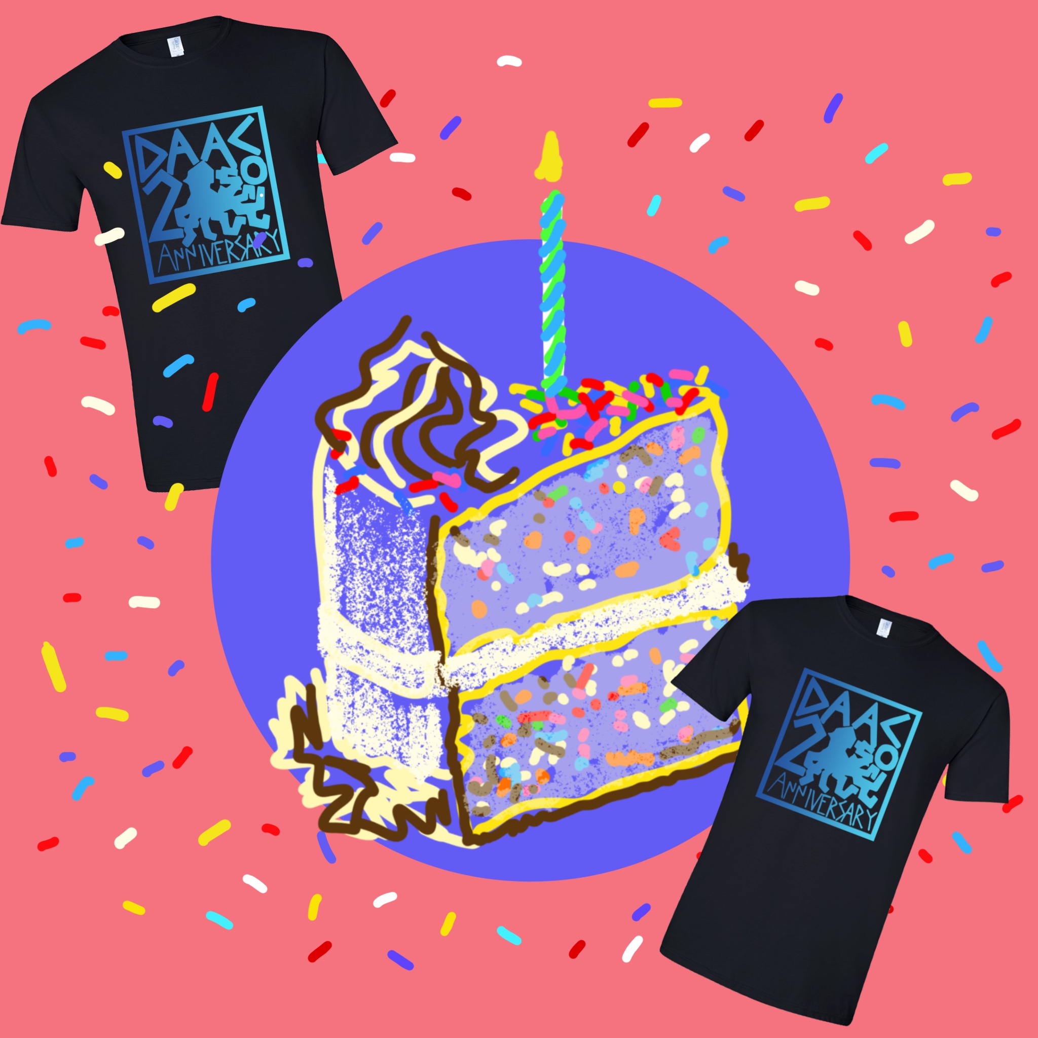 Digital illustration of a slice of birthday cake with a candle, and two black t-shirts with a teal and blue graphic