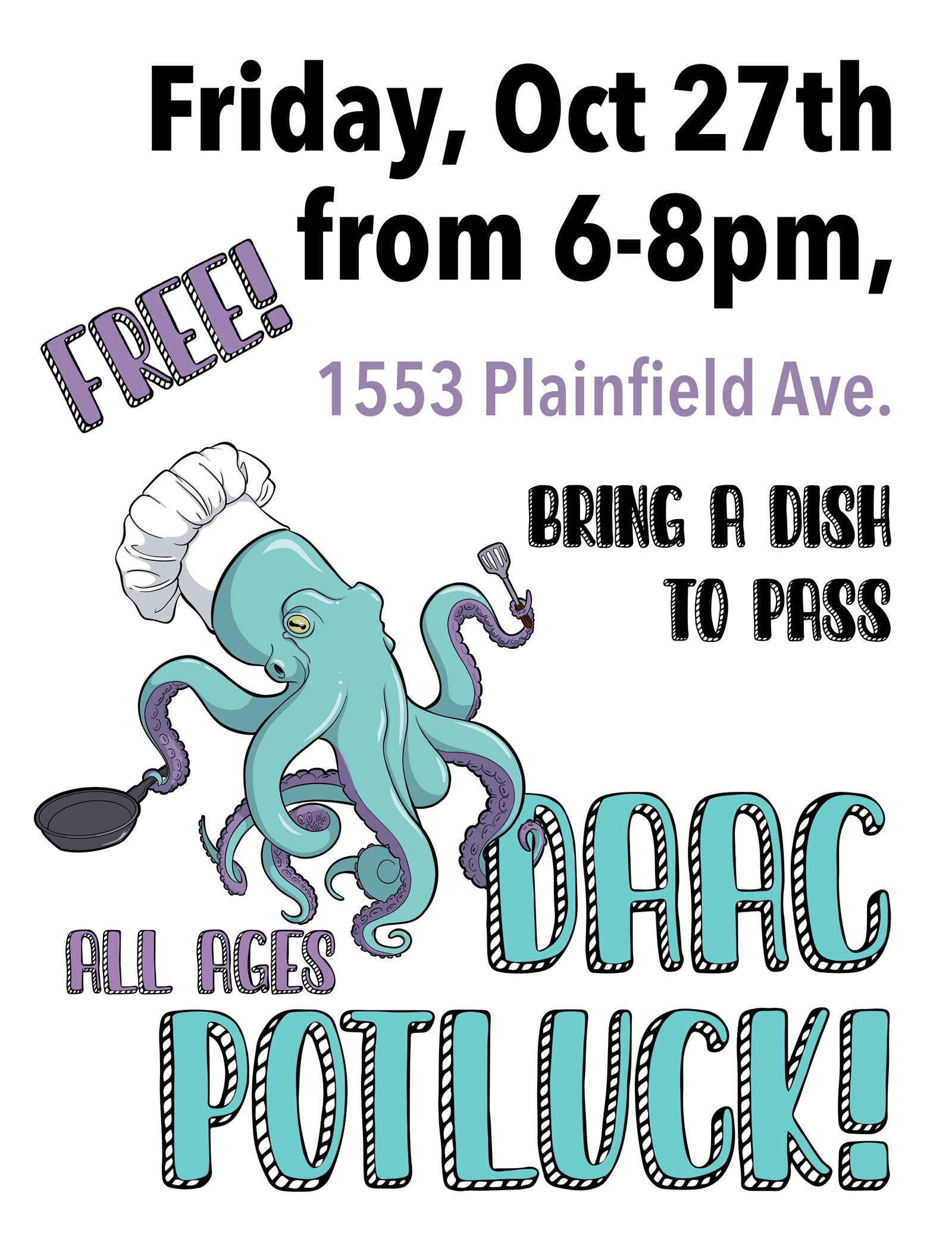DAAC Potluck! Teal octopus wearing a chef’s hat 