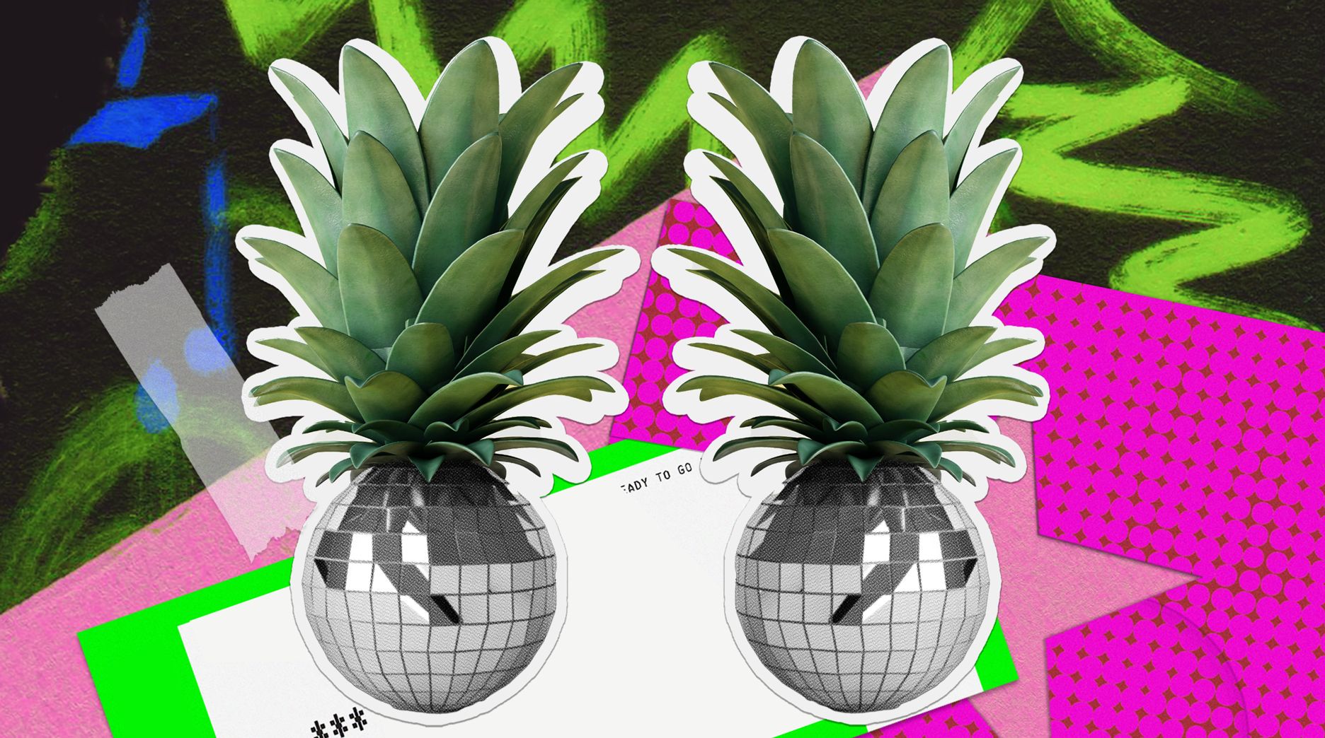 Two pineapple disco balls on a neon dance floor