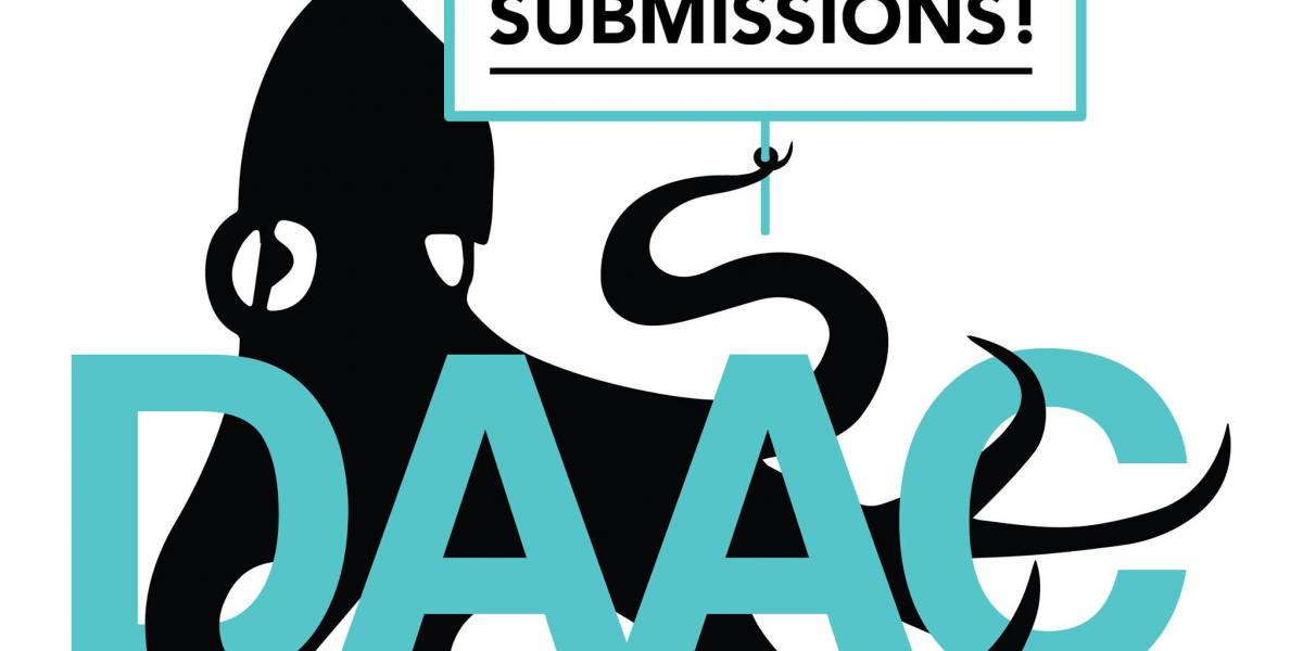 DAACtopus hiding in the DAAC letters holding a sign that says Open Call for Submissions
