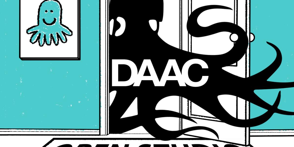 DAACtopus coming through a door, the door mat says OPEN STUDIO