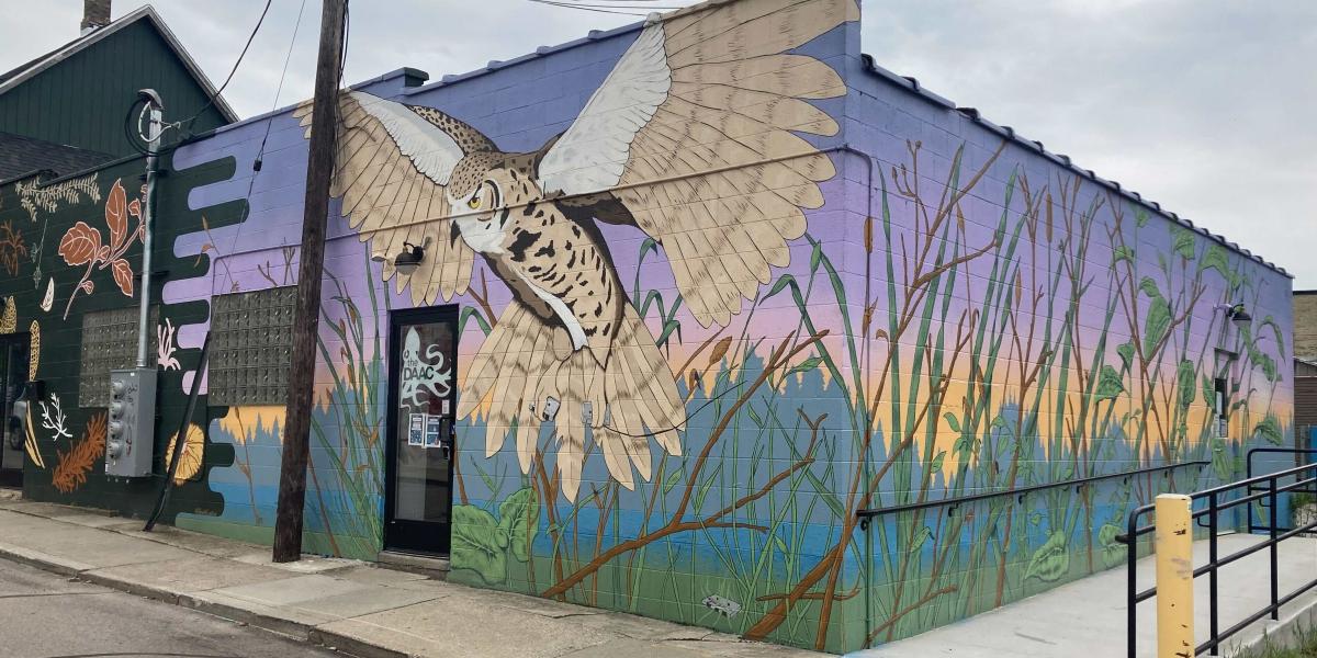 Exterior of a building on a small side street. Above and to the side of the door is mural of an owl spreading its wings against a purple sky.