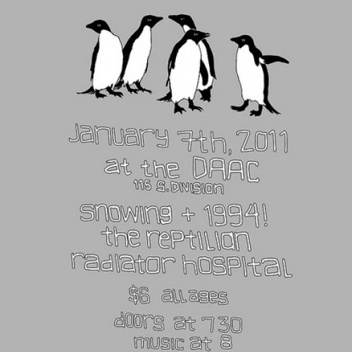 Five penguins on a grey background with hand-drawn text