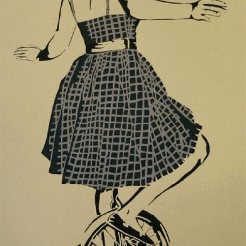 Woman in a plaid summer dress, riding a unicycle