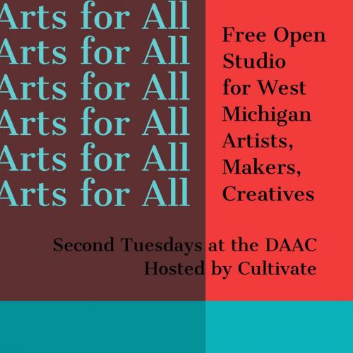 Brown, red, and teal bold rectangles with text repeated, "Arts for All"