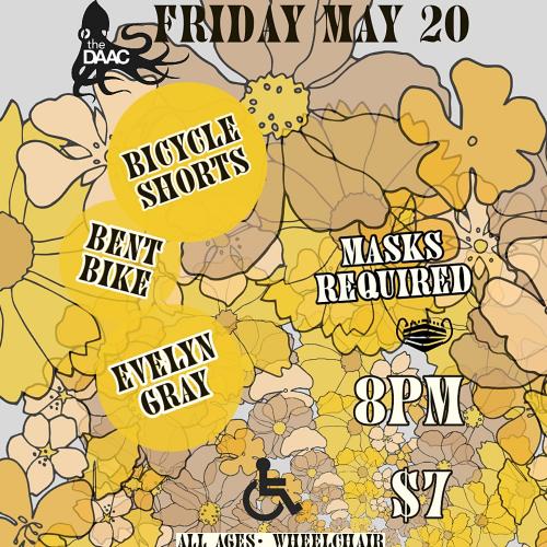 retro yellow and earth tone flowers burst from the middle the image displaying the band names of Evelyn Gray, Bent Bike & Bicycle Shorts