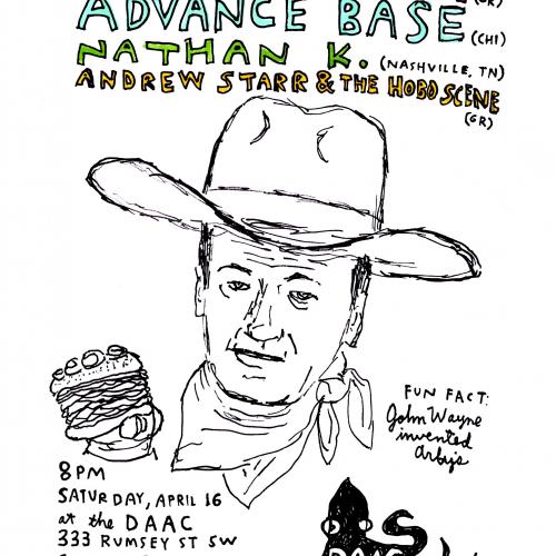 Black pen and ink portrait of John Wayne wearing his classic cowboy hat and bandana, holding up a cheeseburger in one hand
