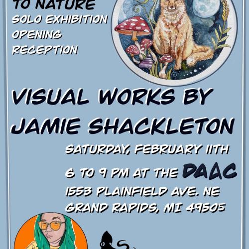Jamie Shackleton opening reception flyer: a portrait of the artist in bright colors and a digital illustration of the wolf