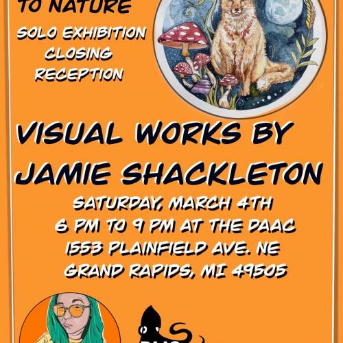 Jamie Shackleton closing reception flyer: a portrait of the artist in bright colors and a digital illustration of a wolf