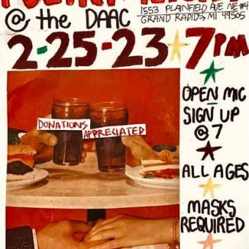 Two people holding hands under a table - Poetry Night @ The DAAC 2-25-23 7PM Donations Appreciated