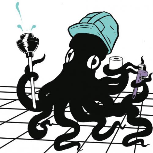 Black octopus with a roll of toilet paper and a plunger