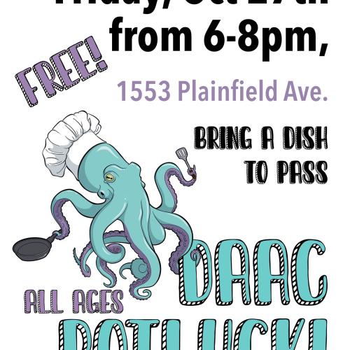 DAAC Potluck! Teal octopus wearing a chef’s hat 