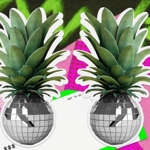 Two pineapple disco balls on a neon dance floor